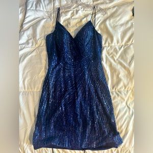 Narianna Navy Blue Sequins Homecoming Dress with Tie Up Back